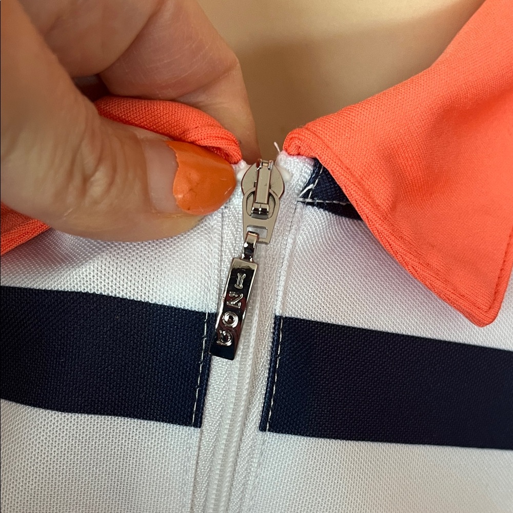 Like new Izod Women's 1/4 zip Down Shirt - Coral, White, and Navy Stripes - Picture 3 of 12